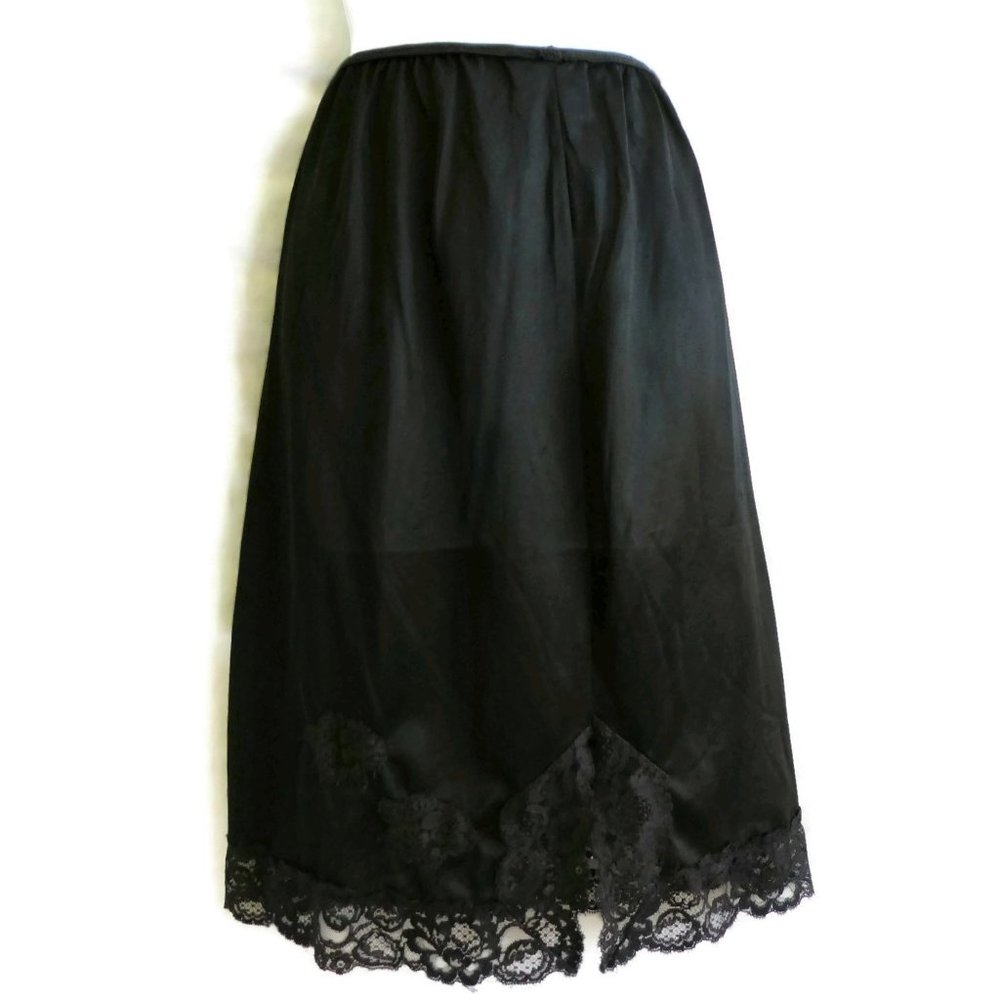 60s Nan Flower Black Slip Half Lace Silky All Nylon Slit Elastic Waist Vintage M